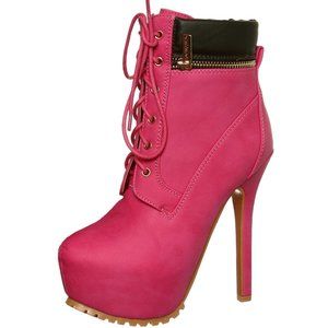 Metallic Almond Toe Stiletto Lace Up Ankle Booties Fuchsia